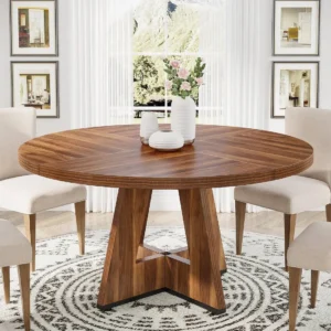 Round Dining Table for 4, 47" Wooden Kitchen Table Farmhouse Dinner Table