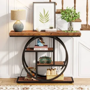 41\.3" Console Table, Industrial 4-Tier Sofa Entryway Table with Circle Base