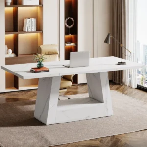63" Wood Computer Desk, Faux Marble Executive Desk Office Desk