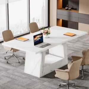 63" Wood Computer Desk, Faux Marble Executive Desk Office Desk