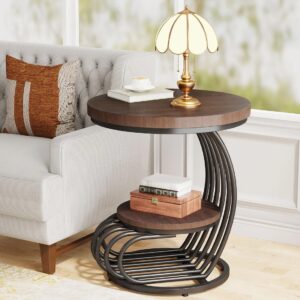 Round End Table, 2-Tier Faux Marble Side Table with Storage Shelf.